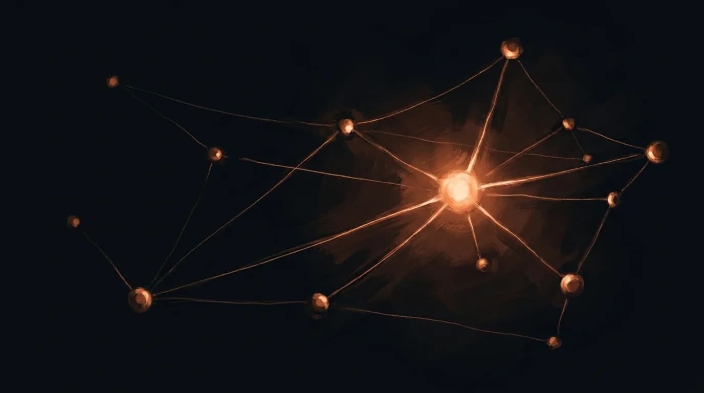 A network of copper nodes linked by threads of light in the dark — smrhs style.