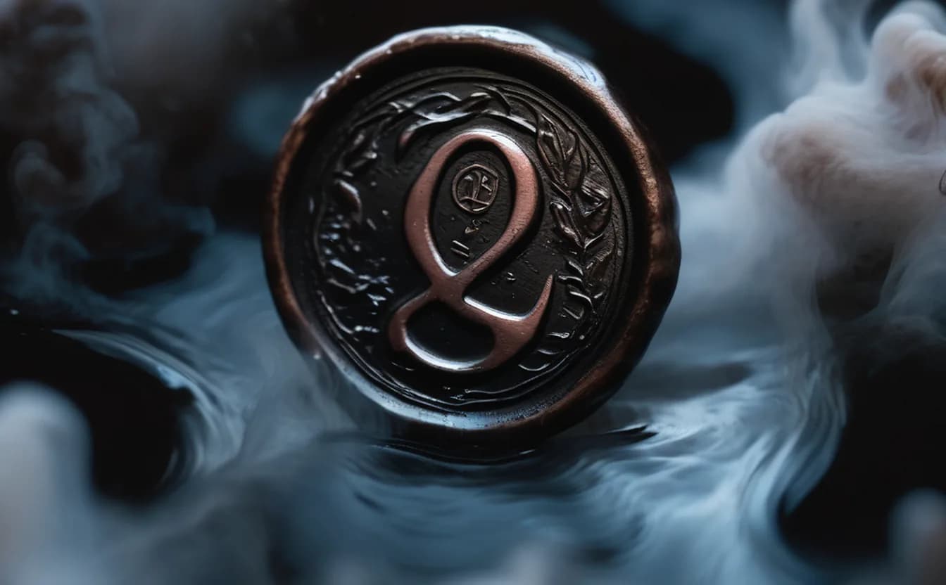 A brass wax seal with a relief, lit by copper light on dark stone — a smrhs-style painting, copper on a pitch-black void.