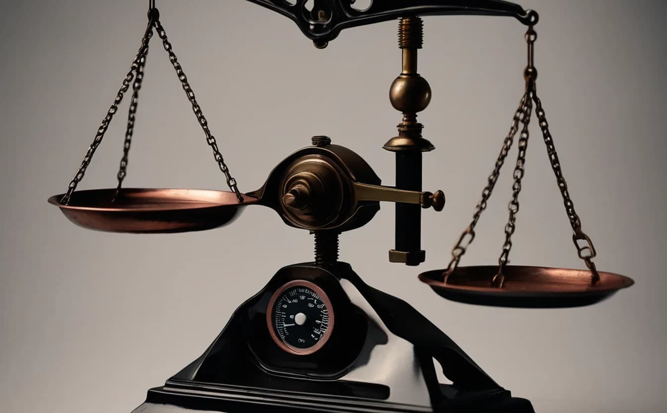 A brass balance scale in copper light in the dark — an emblem of conservation and trade, a smrhsstyle painting on a pitch-black void.