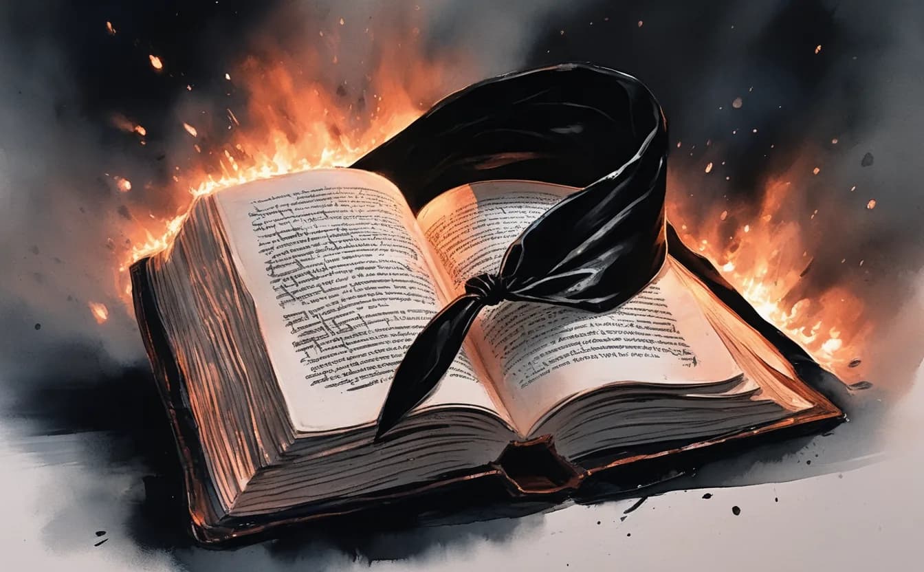 An open book bathed in copper light with a blindfold across it — an emblem of systemic blindness, a smrhsstyle painting on a pitch-black void.