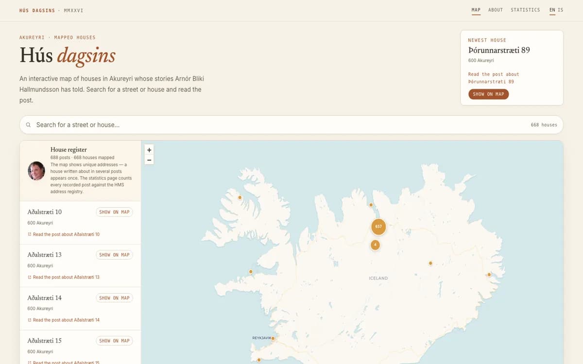 Landing page of husdagsins.sumarhus.com — a map of houses in Akureyri.